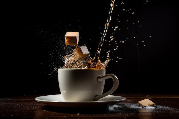 Sugar cubes fall into a cup of coffee AI Generated