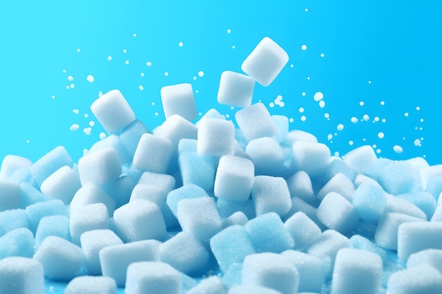 Sugar cubes piled on a bright blue background neural network generated photorealistic image