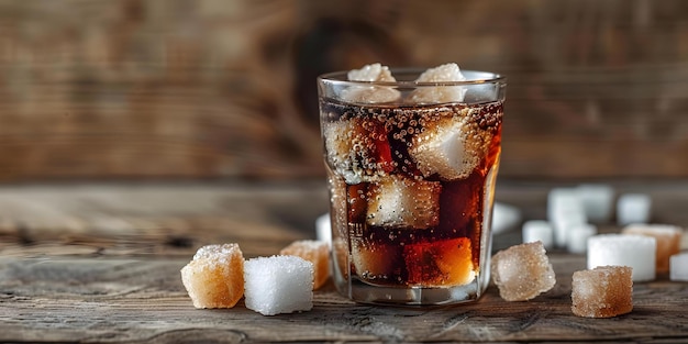 Photo sugar cubes next to a soda glass showing high sugar content concept high sugar content unhealthy diet nutrition facts sweet beverages sugar levels