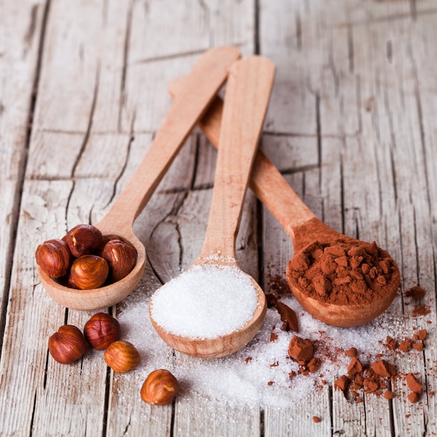 Sugar, hazelnuts and cocoa powder in spoons 