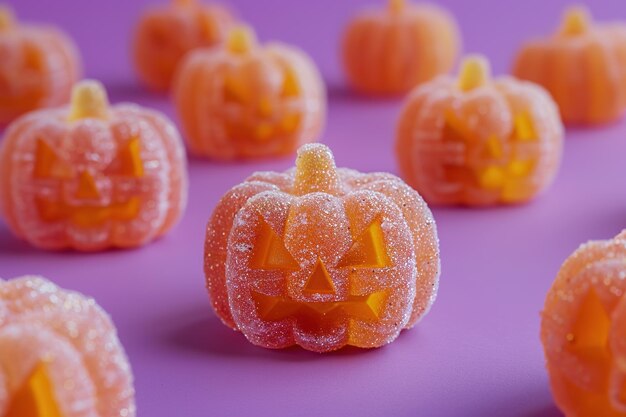 Sugar pumpkin candies on purple festive Halloween treat