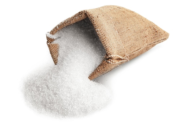 Sugar in sackcloth bag on white background