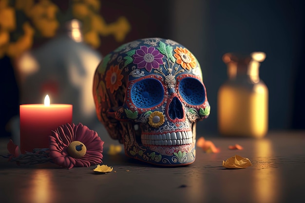 Sugar skull adorned with vibrant flowers Catrina Calavera Day of the Dead The Day of the Dead Generative AI