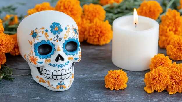 Photo sugar skull candle marigolds for day of the dead