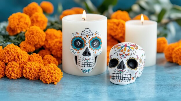 Photo sugar skull candles and marigold flowers for day of the dead