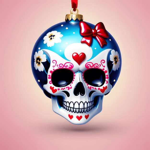 Photo sugar skull christmas ornament with white flowers and red bow