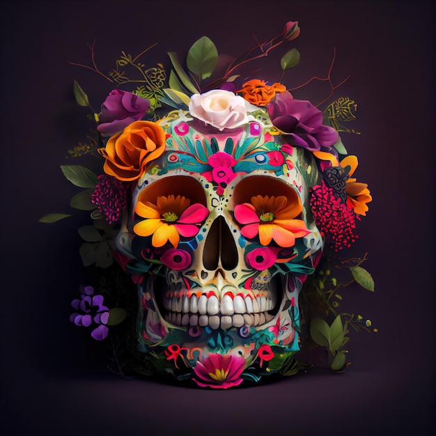 Sugar skull decorated with flowers for Day of the dead Generate Artificial Intelligente AI