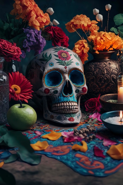 Sugar skull decorated with flowers for dia de los muertos Day of the dead Catrina Altar de Dia de Muertos Generative AI