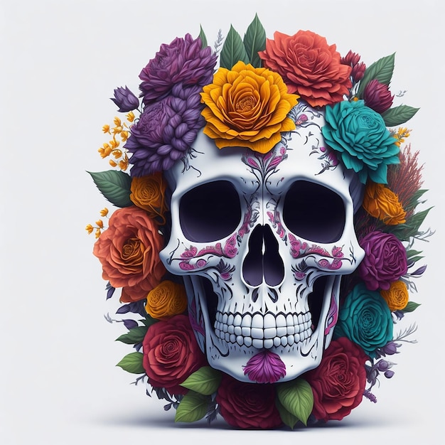 Sugar skull decorated with flowers illustration