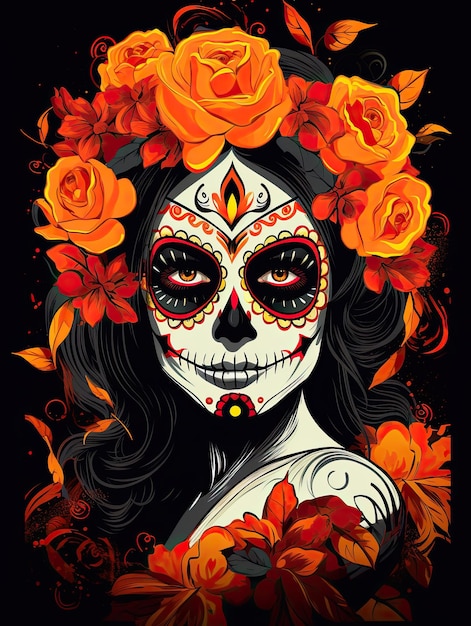 Sugar skull girl vector style smooth edges orange and black background vibrant colors