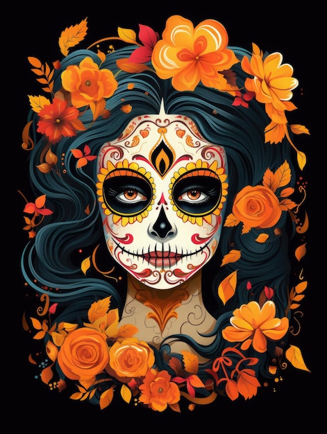 Sugar skull girl vector style smooth edges orange and black background vibrant colors