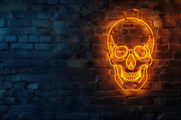 Photo sugar skull neon sign on brick wall day of the dead concept with copy space