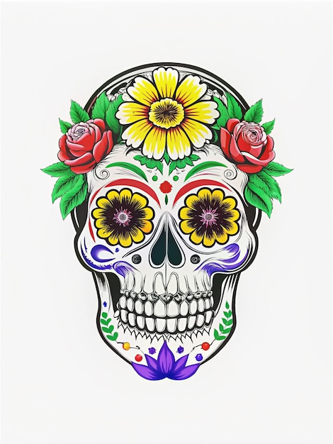 Sugar Skull representing remembrance through art colors and flowers essentials