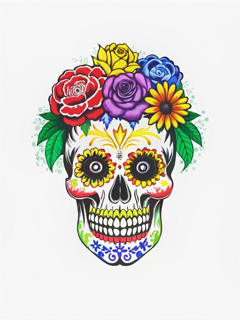 Photo sugar skull representing remembrance through art colors and flowers essentials