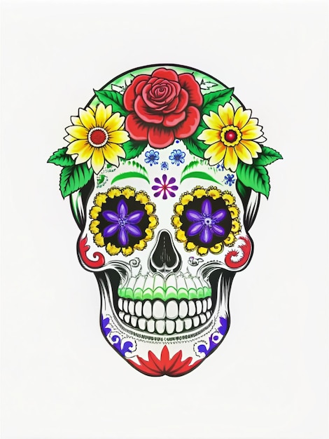 Sugar Skull representing remembrance through art colors and flowers essentials