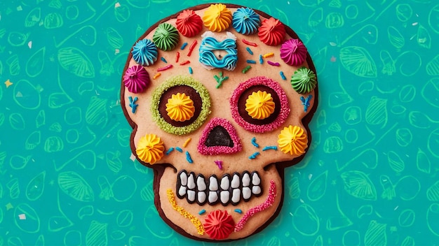 Photo a sugar skull with colorful flowers on it and a sugar cookie with the word quot lol quot on it