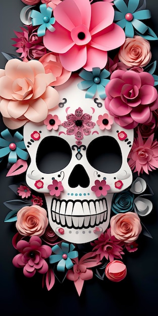 sugar skull with a cross on its forehead full seamless floral background