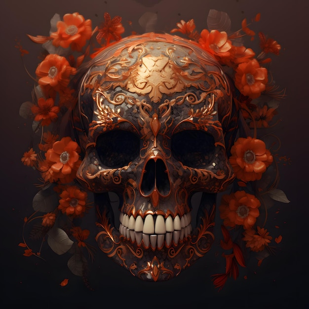 A sugar skull with a floral pattern and a skull with a red flower on it