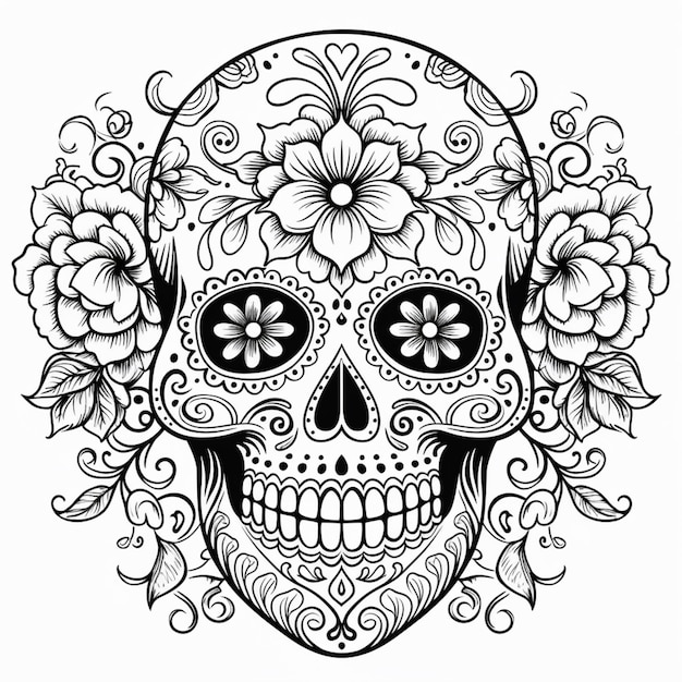 A sugar skull with flowers and leaves on it generative ai