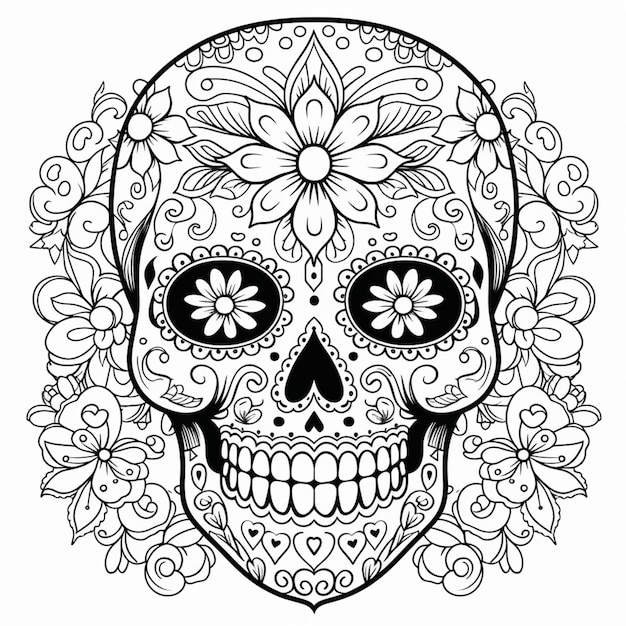 A sugar skull with flowers and leaves on it generative ai