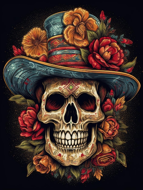 A sugar skull with a hat and flowers.