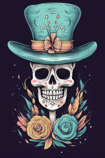 A sugar skull with a top hat and roses.