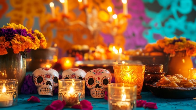 Photo sugar skulls and candles on a day of the dead altar