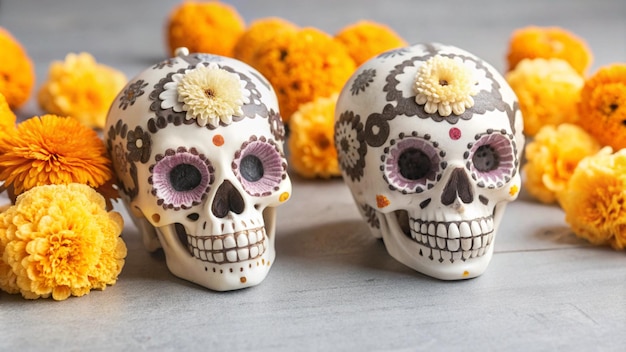 Photo sugar skulls used for dia de los muertos celebration in a grey background with cempasuchil flowers