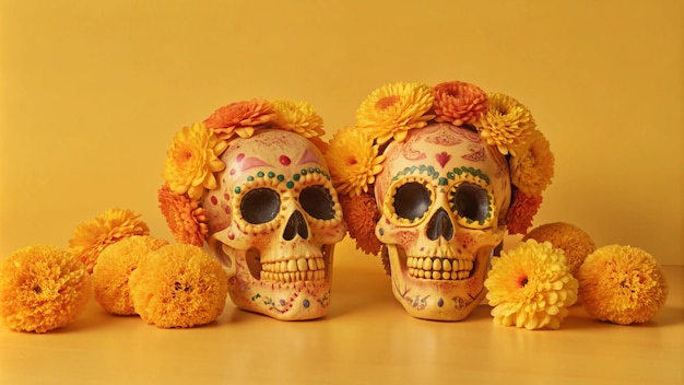 Photo sugar skulls used for dia de los muertos celebration in a grey background with cempasuchil flowers