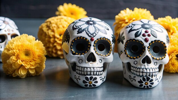 Photo sugar skulls used for dia de los muertos celebration in a grey background with cempasuchil flowers