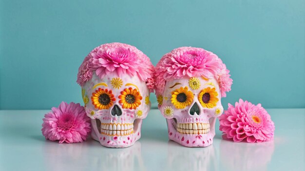 Photo sugar skulls used for dia de los muertos celebration in a grey background with cempasuchil flowers