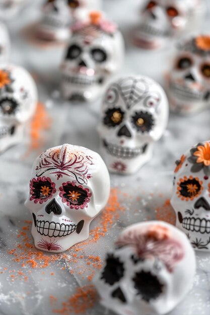 Photo sugar skulls with intricate designs for day of the dead celebrat