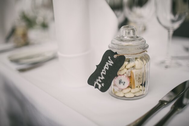 Sugared almond in a glass jar