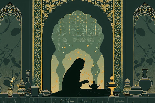 Suhoor meal silhouette greeting card for mawlid al nabi in green black and gold colors