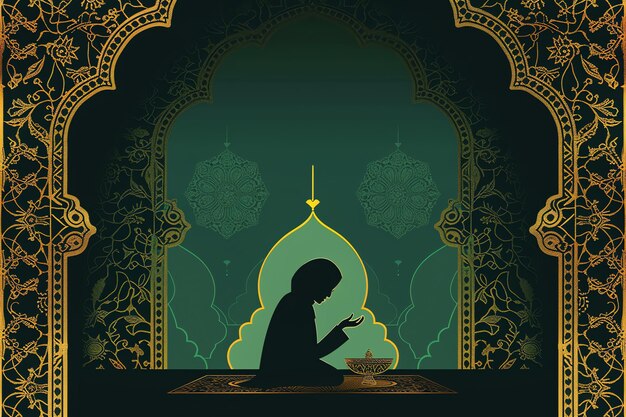 Suhoor meal silhouette greeting card for mawlid al nabi in green black and gold colors