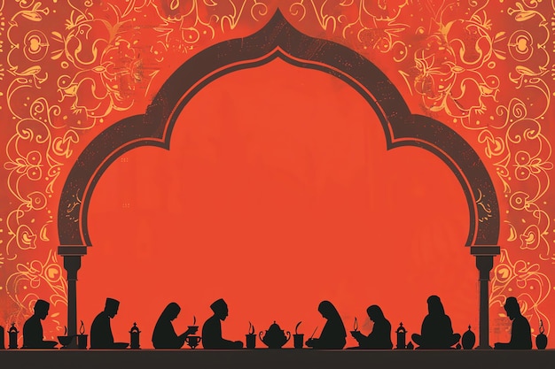 Suhoor meal silhouette greeting card for mawlid al nabi in red black and gold colors