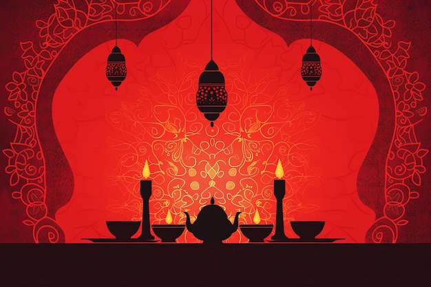 Suhoor meal silhouette greeting card for mawlid al nabi in red black and gold colors