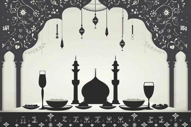 Suhoor meal silhouette greeting card for mawlid al nabi in silver colors