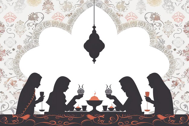 Suhoor meal silhouette greeting card for mawlid al nabi in white and gold colors