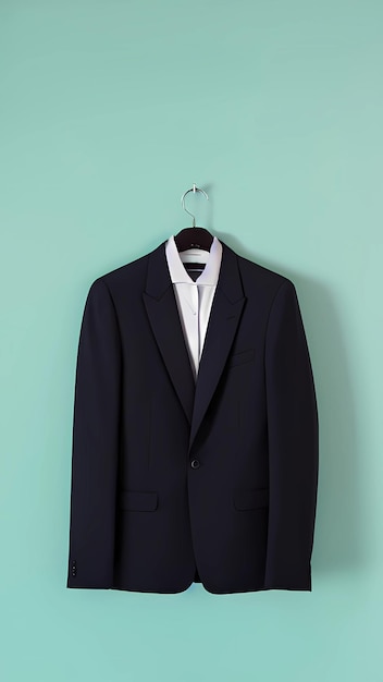 a suit hanging on a hanger with a white shirt on it