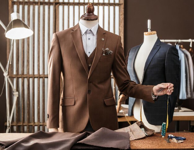 Photo suit jacket on male tailor mannequin and sewing tools