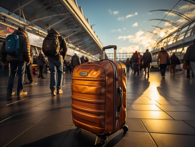 Suitcase at the airport plane terminal Generative AI