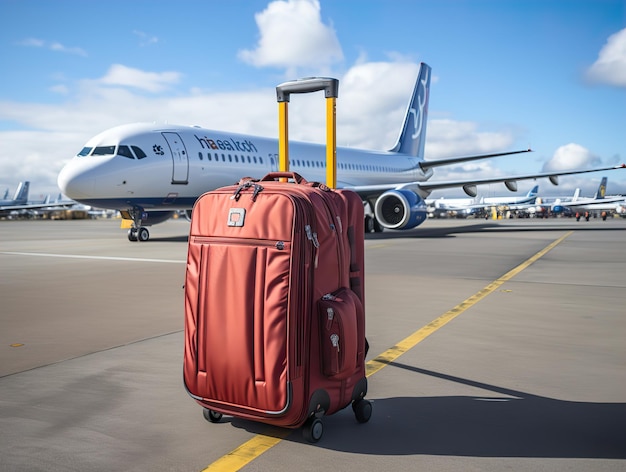 Suitcase at the airport plane terminal Generative AI