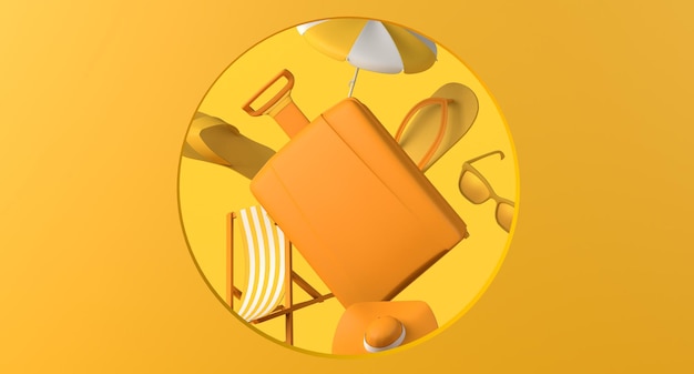 Suitcase background and beach accessories with circular frame Copy space 3D illustration