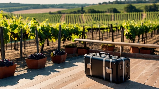 Photo suitcase on a balcony overlooking a vineyard with rows of lush vines