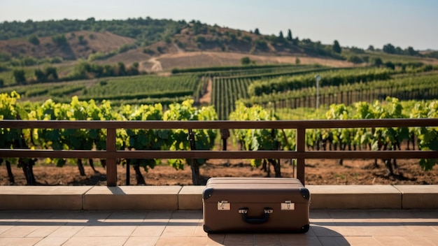 Photo suitcase on a balcony overlooking a vineyard with rows of lush vines