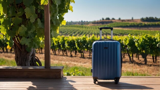 Suitcase on a balcony overlooking a vineyard with rows of lush vines