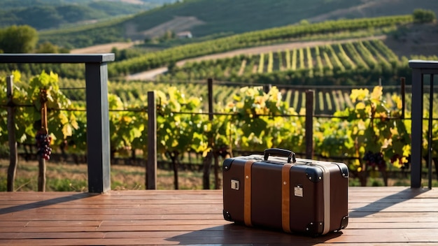 Suitcase on a balcony overlooking a vineyard with rows of lush vines