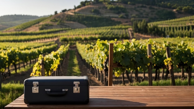 Suitcase on a balcony overlooking a vineyard with rows of lush vines