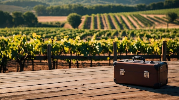 Suitcase on a balcony overlooking a vineyard with rows of lush vines